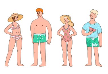 Şirin İnsanlar Plajı seti. Mayo ve güneş şapkalı kadınlar ve karpuzlu mayolu bir adam. Yaz tatilinde yalnız erkek ve kadın karakter. Vektör illüstrasyonu