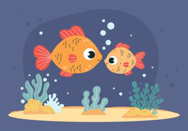 İki sevimli tropikal balık ve kumlu deniz tabanında deniz yosunları. Komik çizgi film ailesi. Büyük ve küçük karakterli bir hayvan. Su altı deniz manzarası. Vektör çizimi. Çocuk koleksiyonu