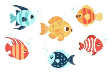 Tatlı Çizgi Deniz Tropikal Balık seti. Beyaz arka planda su altı renkli dekoratif hayvanlar var. Vektör çizimi. Çocuk koleksiyonu