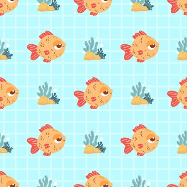 Kusursuz Deniz Modeli. Şirin tropik çizgi film küçük balığı ve kareli açık mavi arka planda bitki yosunları. Vektör İllüstrasyonu. Çocuk koleksiyonu
