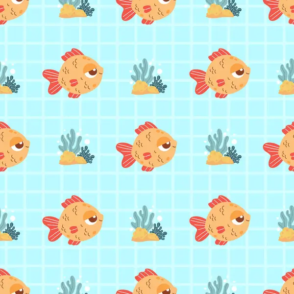 Kusursuz Deniz Modeli. Şirin tropik çizgi film küçük balığı ve kareli açık mavi arka planda bitki yosunları. Vektör İllüstrasyonu. Çocuk koleksiyonu