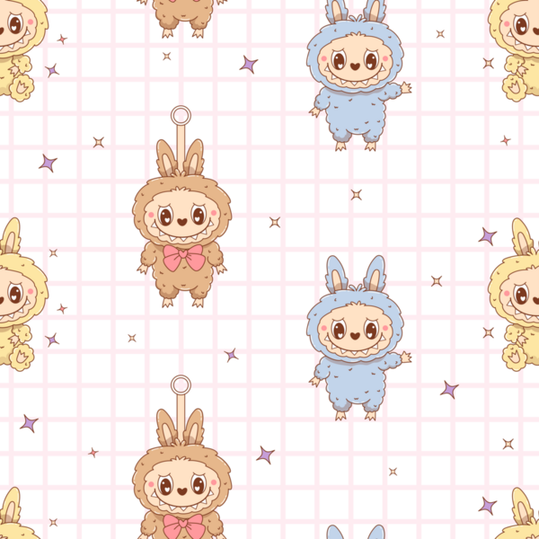 Kusursuz desen İşaretli arkaplanda Sevimli Canavar Oyuncak Labubu