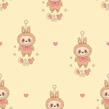 Sevimli Canavar anahtarlığı olan Oyuncak Labubu 'nun sarı arka planda Heart' la kusursuz bir deseni var. Çizgi film Komik peluş dişli kawaii fantezi karakteri. Vektör illüstrasyonu 