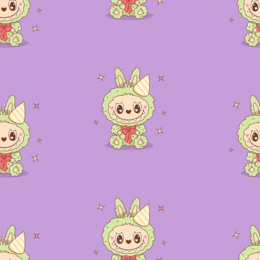 Mor arka planda doğum günü şapkalı şirin Canavar Oyuncak Labubu 'nun kusursuz deseni. Çizgi film Komik peluş dişli kawaii fantezi karakteri. Vektör çizimi. Çocuk koleksiyonu 