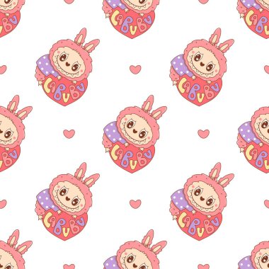 Beyaz arka planda Sevimli Canavar Oyuncak Labubu 'nun kusursuz deseni. Romantik çizgi film Funny kawaii fantezi sevgililer günü karakteri. Vektör illüstrasyonu 
