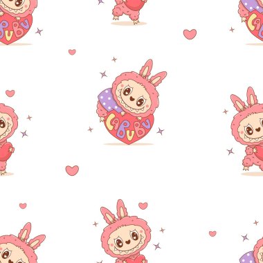 Beyaz arka planda Sevimli Canavar Oyuncak Labubu 'nun kusursuz deseni. Romantik çizgi film Funny kawaii fantezi sevgililer günü karakteri. Vektör illüstrasyonu 
