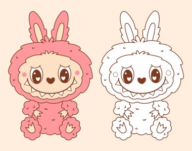 Şirin Canavar Pembe Oyuncak Labubu seti. Komik kawaii karakteri. İzole edilmiş Renk ve Çizgi Çizimi. Vektör çizimi. Çocuk koleksiyonu. Boyama kitabı