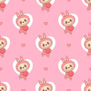 Pembe arka planda Sevimli Canavar Oyuncak Labubu ile kusursuz bir düzen. Romantik çizgi film Funny kawaii fantezi sevgililer günü karakteri. Vektör illüstrasyonu 
