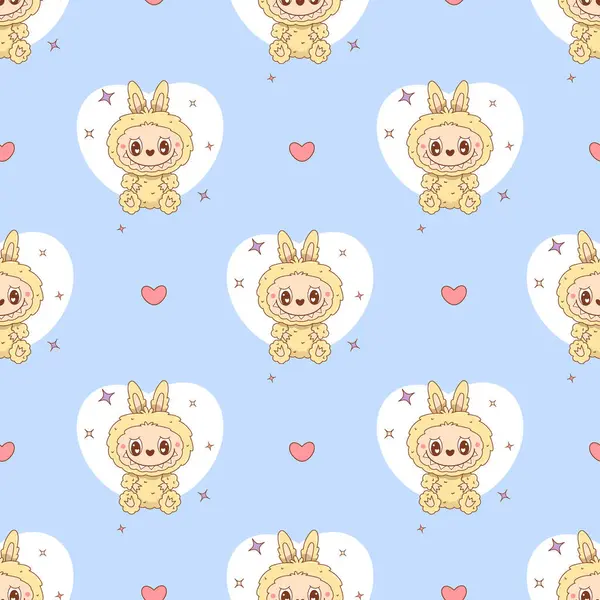 Mavi arka planda Sevimli Canavar Oyuncak Labubu ile kusursuz desen. Çizgi film Komik peluş dişli kawaii fantezi karakteri. Vektör çizimi. Çocuk koleksiyonu 