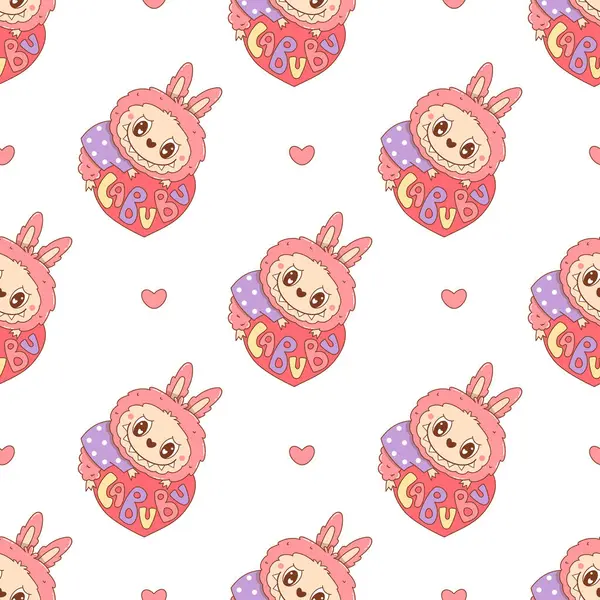 Beyaz arka planda Sevimli Canavar Oyuncak Labubu 'nun kusursuz deseni. Romantik çizgi film Funny kawaii fantezi sevgililer günü karakteri. Vektör illüstrasyonu 