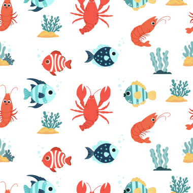 Kusursuz Sualtı Şablonu. Şirin Tropikal Balık Kerevit, Karides ve Deniz Bitkileri