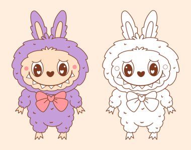 Fiyonklu şirin Canavar Labubu. Komik kawaii çizgi film fantezi karakteri. İzole edilmiş Renk ve Çizgi Çizimi. Vektör çizimi. Çocuk koleksiyonu. Boyama kitabı