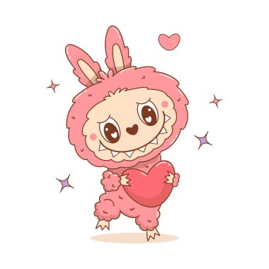Sevimli Pembe Canavar Oyuncak Labubu ve Yüreği. Romantik Fluffy çizgi filmi Komik Kawaii fantezi karakteri. Vektör çizimi. Çıkartma, ürün, maskot, giysi ve tasarım için çocuk koleksiyonu