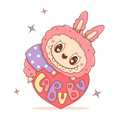 Kalpli sevimli Canavar Oyuncak Labubu. Romantik pembe çizgi film Funny kawaii fantezi yaratıcı karakter Valentine. Vektör çizimi. Çocuk koleksiyonu