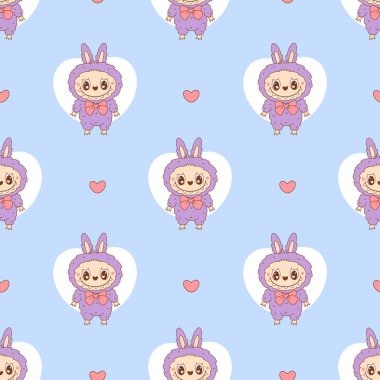 Sevimli Canavar Oyuncak Labubu ile kusursuz desen. Mavi arka planda Heart 'la birlikte. Romantik çizgi film Funny kawaii fantezi karakteri. Vektör illüstrasyonu 