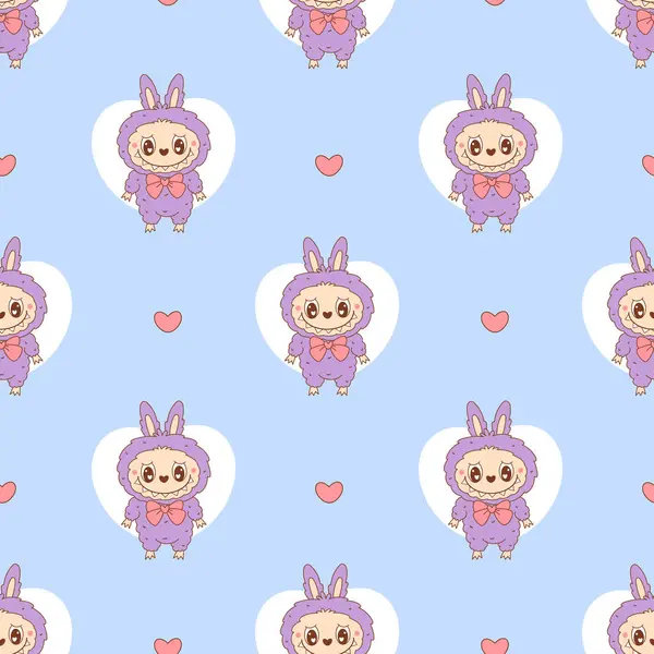 Sevimli Canavar Oyuncak Labubu ile kusursuz desen. Mavi arka planda Heart 'la birlikte. Romantik çizgi film Funny kawaii fantezi karakteri. Vektör illüstrasyonu 