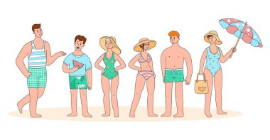 Sevimli bir plaj grubu. Mayo giymiş kadınlar, güneş şemsiyesi, şort ve mayo giymiş erkekler. Yaz tatilinde yalnız erkek ve kadın karakter. Vektör illüstrasyonu