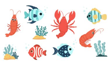 Şirin Tropikal Balık, Kerevit, Karides ve Deniz Bitkileri ve yosun seti. İzole edilmiş su altı hayvanları, beyaz bitkiler. Vektör çizimi. Çocuk koleksiyonu