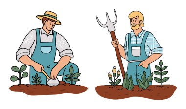 Bahçe aletleri ile iki çiftçi kürek ve yaba. Erkek karakter, fidanlar ve bitkilerle yer yatağında çalışıyor. İzole edilmiş renkli el çizimi. Vektör illüstrasyonu
