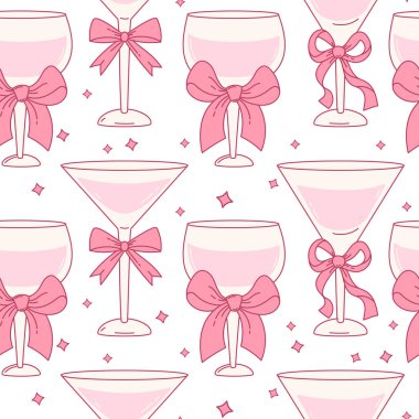 Kusursuz desenli pembe Coquette cam içeceği. Beyaz Arkaplanda Klasik Estetik Kokteyl. Romantik kız havası. Moda Partisi arka plan şablonu. Vektör illüstrasyonu