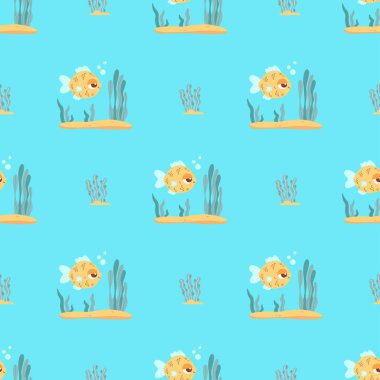 Açık Mavi Arkaplan 'da şirin deniz tropikal balık ve bitki yosunlu kusursuz desenler. Vektör İllüstrasyonu. Çocuk koleksiyonu