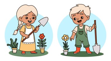 Mutlu Çocuk Çiftçisi. Şirin Çocuk, sarışın, bahçıvan karakterli, kürekli, saksı çiçekli kız ve oğlan. İzole edilmiş renkli el çizimi. Vektör illüstrasyonu