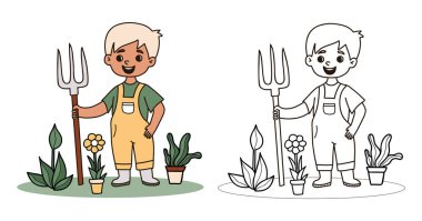 Bahçe yabası, bitkiler ve saksılarla süslü, şirin bir çiftçi çocuğu. Bahçıvan Erkek Çocuk karakter seti. İzole edilmiş Renk ve Çizgi Çizimi. Vektör illüstrasyonu