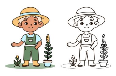 Tulum giymiş sevimli sarışın çiftçi çocuk. Şapkalı ve tulumlu Erkek Çocuk Bahçıvanlık karakteri. İzole edilmiş Renk ve Çizgi Çizimi. Vektör illüstrasyonu