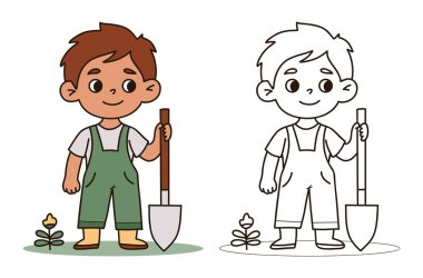 Kürekle bahçıvanlık yapan sevimli çocuk. Erkek çocuk çiftçi karakter seti. İzole edilmiş Renk ve Çizgi Çizimi. Vektör illüstrasyonu