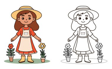 Şirin bir çiftçi kız. Çocuk, şapkalı, elbiseli ve saksı çiçekli güzel bir kadın bahçıvan. İzole edilmiş Renk ve Çizgi Çizimi. Vektör illüstrasyonu