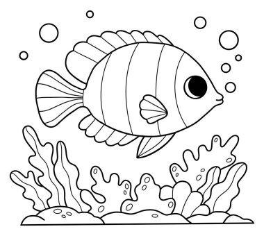 Coral Reef 'te çizgili tropikal balık ve yosun. Boyama sayfası. Çizgi çizme. Vektör çizimi. Çocuk koleksiyonu 