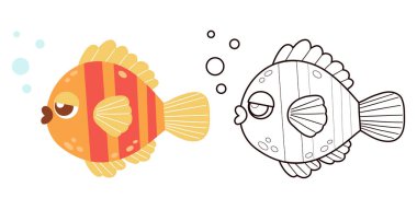 Şirin Çizgili Çizgili Balık seti. İzole edilmiş Renk ve Dış Hatlar çizimi, boyama kitabı. Vektör çizimi. Çocuk koleksiyonu