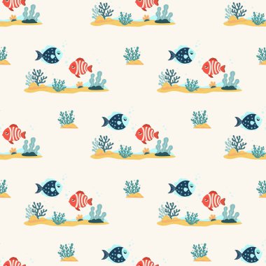 Kusursuz desen. Beyaz zemin üzerinde deniz yosunu, yosun, mercan ve deniz dibi olan iki şirin tropik balık çizgi filmi. Vektör İllüstrasyonu. Çocuk koleksiyonu 