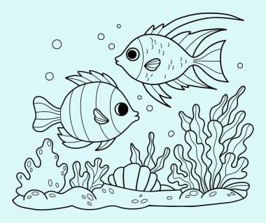 Taslak İki Tropikal Balık, deniz yosunu ve mercan resifleri arasında yüzer. Boyama sayfası. Çizgi çizme. Vektör çizimi. Çocuk koleksiyonu 