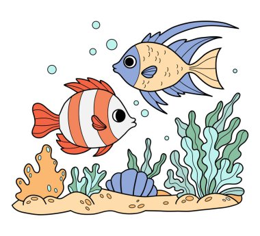Şirin Tropikal Balıklar deniz yosunları arasında yüzer, Mercan ise deniz tabanında. Su altı deniz manzarası. Renkli El Çizimi. Vektör çizimi. Çocuk koleksiyonu 