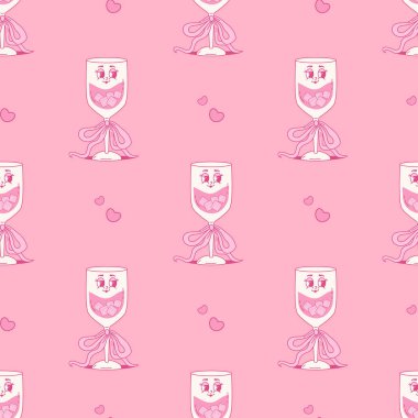 Kokteyl Kurdeleli Pembe Kusursuz Cam Kokteyl Karakteri ve Buz Küpü. Klasik alkolik içkisi. Romantik kız havası. Moda estetik arka plan şablonu. Vektör illüstrasyonu 70 'ler, 80' ler