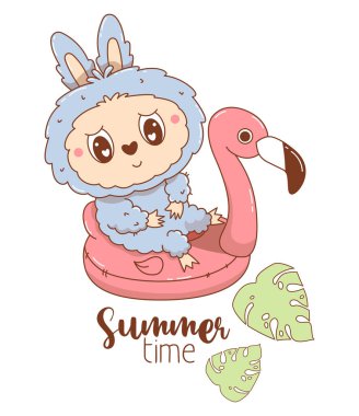 Plaj Canavarı Oyuncağı şişirilebilir pembe flamingo üzerinde. Çizgi film Komik Kabarık Yaz Kawaii karakteri. Vektör çizimi. Çocuk koleksiyonu