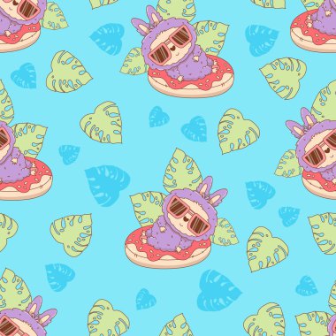 Kusursuz plaj deseni. Güneş gözlüklü sevimli Canavar Oyuncak mavi arka planda tropikal yapraklarla şişme çörek havuzunda yüzer. Çocuk çizgi filmi komik yaz kawaii karakteri. Vektör illüstrasyonu