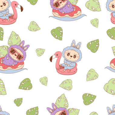 Plaj Canavarı Oyuncak 'la kusursuz desenli Şişme Flamingo ve Donut üzerinde tropikal yapraklarla yüzüyorlar.