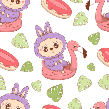 Pembe Flamingo havuzunda Sevimli Canavar Oyuncaklarıyla Kusursuz Desen