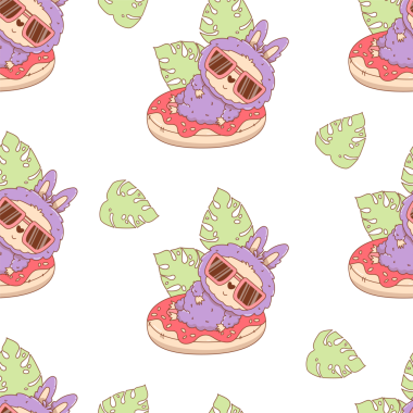 Kusursuz plaj deseni. Şişirilebilir Donutta Güneş Gözlüklü Şirin Canavar Oyuncak