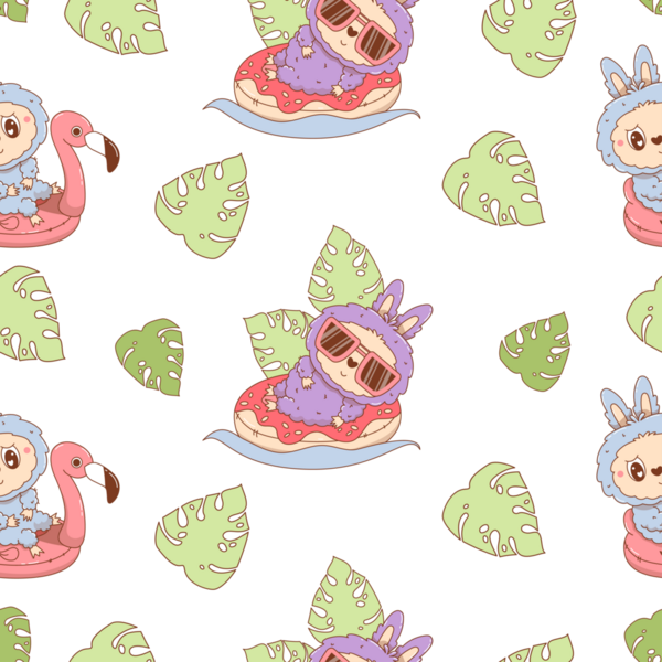 Plaj Canavarı Oyuncak 'la kusursuz desenli Şişme Flamingo ve Donut üzerinde tropikal yapraklarla yüzüyorlar.