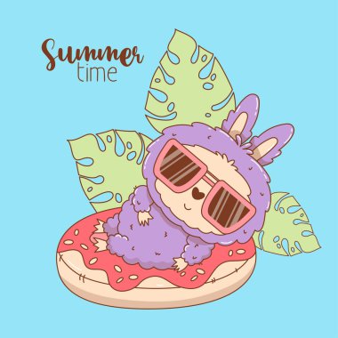 Plaj Canavarı Oyuncağı güneş gözlüklü şişme donutta yüzüyor. Çizgi film Komik pofuduk yaz kawaii karakter tatili tropikal yapraklarla. Vektör çizimi. Çocuk koleksiyonu