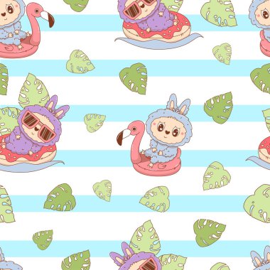 Pembe flamingo ve çizgili arka planda tropik yaprakları olan çörek havuzunda kusursuz desenli sevimli canavar oyuncağı. Çizgi film Funny Beach yaz kawaii karakteri. Vektör çizimi. Çocuk koleksiyonu