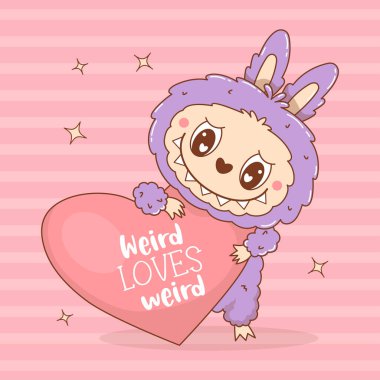 Koca Yürekli Sevimli Canavar Oyuncak Labubu. Pembe Çizgili Arkaplanda Komik Kawaii Kabarık Karakteri olan havalı bir kart. Vektör çizimi. Çıkartma, maskot ve tasarım için çocuk koleksiyonu