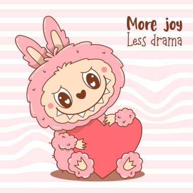 Sevimli Pembe Canavar Oyuncak Labubu ve Yüreği. Karikatür, komik kawaii kabarık tüylü karakteri olan havalı bir kart. Vektör çizimi. Çıkartma, maskot ve tasarım için çocuk koleksiyonu