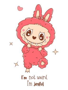 Neşeli Pembe Canavar Oyuncak Labubu. Havalı Çizgi Film Komik Yumuşak Karakteri. Vektör çizimi. Çocuk koleksiyonu