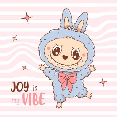 Sevimli Canavar Oyuncak Labubu. Havalı Çizgili Çizgili Çizgili Çizgili Özgeçmiş 'te Komik Kawaii Karakteri. Vektör çizimi. Çocuk koleksiyonu