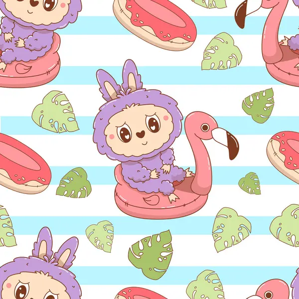 Şirin Canavar Oyuncak 'la kusursuz desenler pembe flamingo havuzunda, çizgili arka planda tropikal yapraklarla birlikte yüzüyor. Çizgi film Komik Kabarık Kabarık Plaj Yaz Kawaii karakteri. Vektör çizimi. Çocuk koleksiyonu