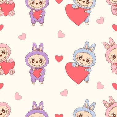 Sevimli Canavar Oyuncak Labubu ile romantik ve kusursuz bir düzen. Komik Kawaii Sevgililer Günü karakteri. Vektör illüstrasyonu